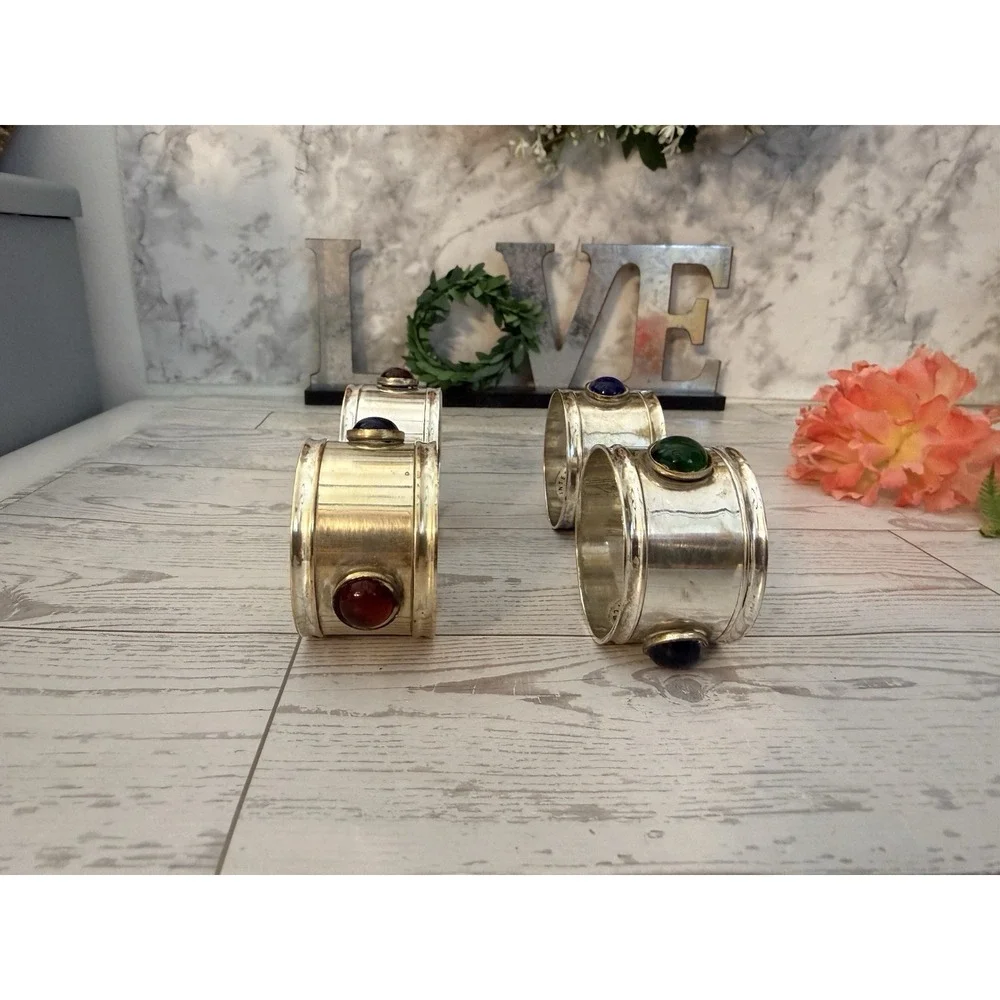 International Silver Co. Silver Plated Napkin Ring Holder w Colored Glass Set 4